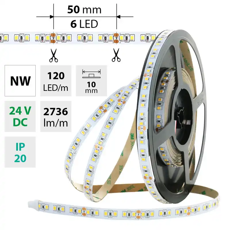 Prémiový MCLED Pásek LED SMD2835 NW, 120LED/m, 28,8W/m, DC 24V, 2736lm/m, CRI90, IP20, 10mm, 5m